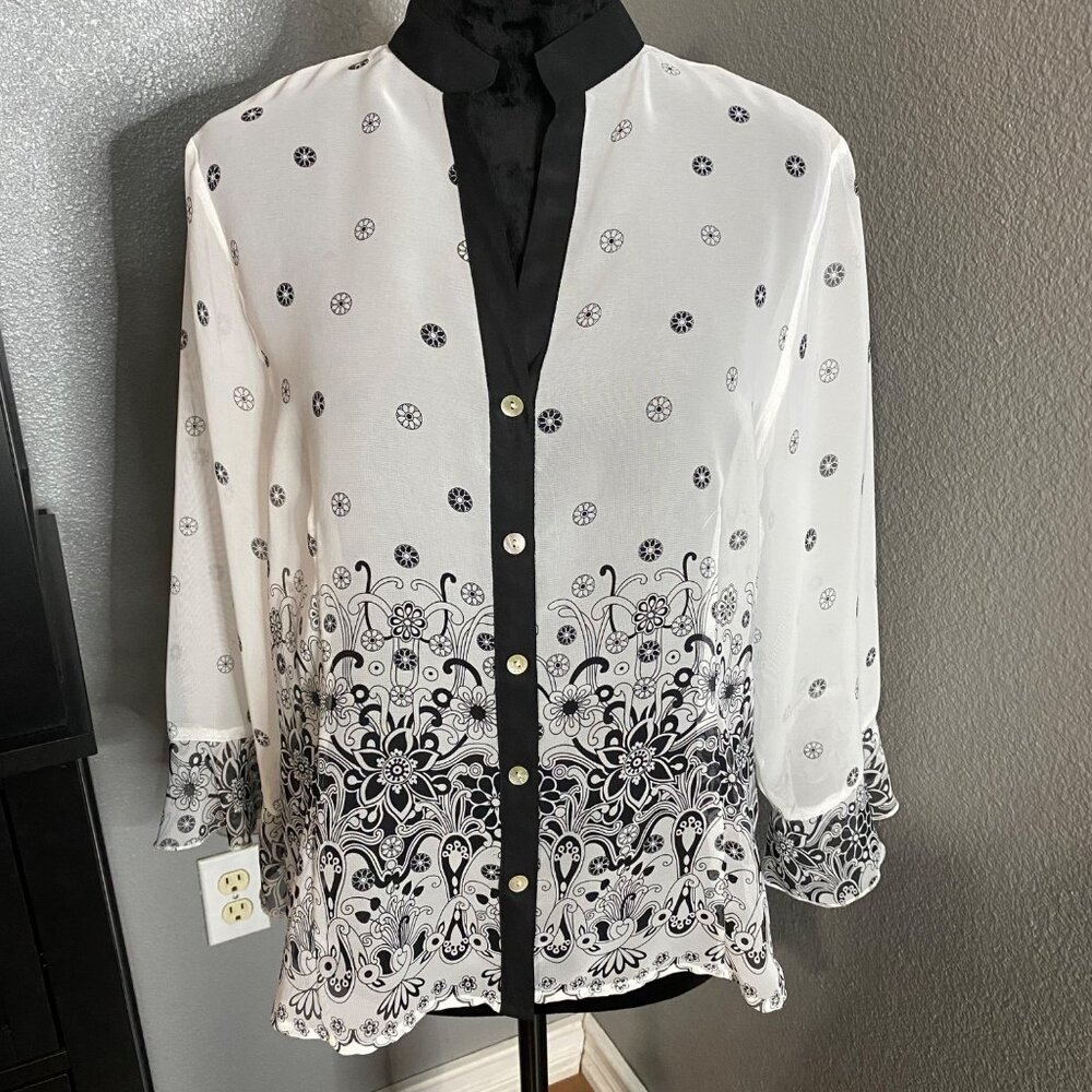 Investments Petites Blouse Womens L Black White Floral‎ Print Officecore Chic